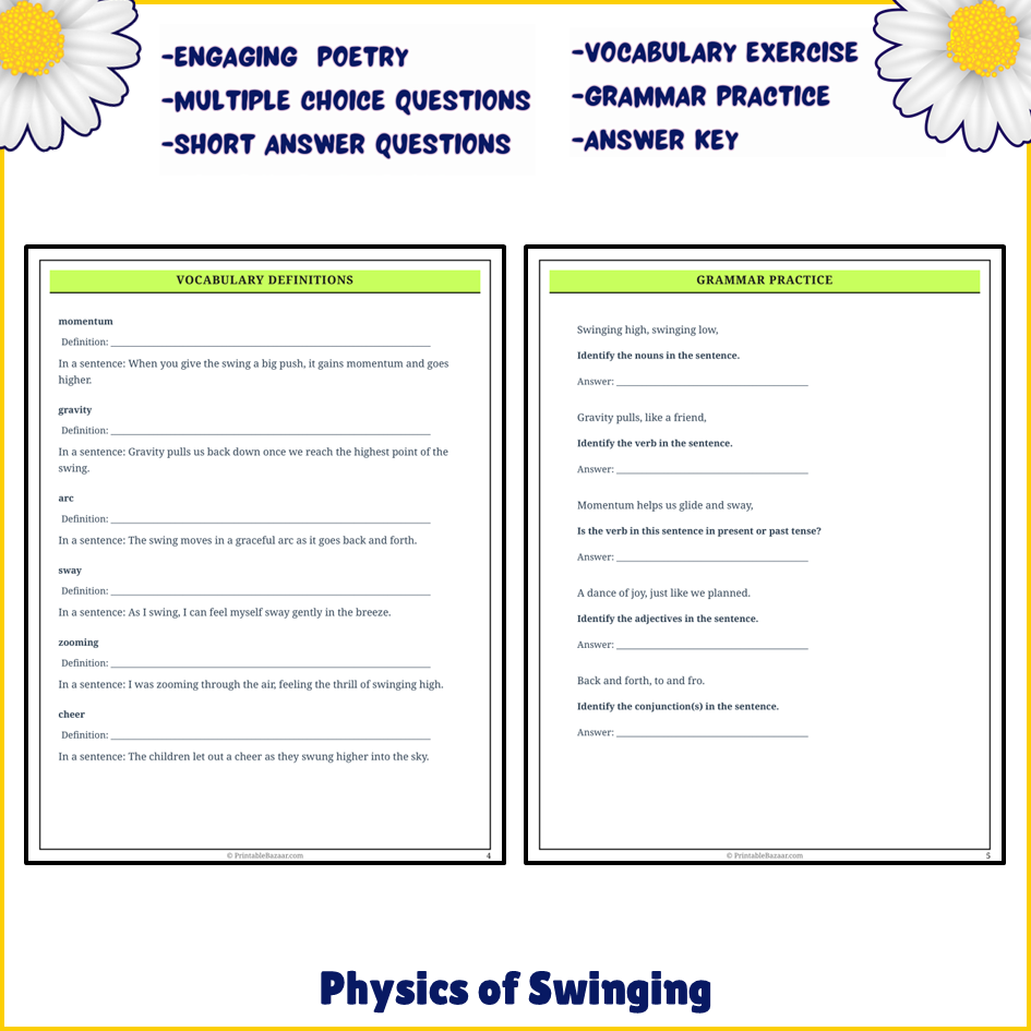 Physics of Swinging | Poem Grammar Worksheet Printable Activity