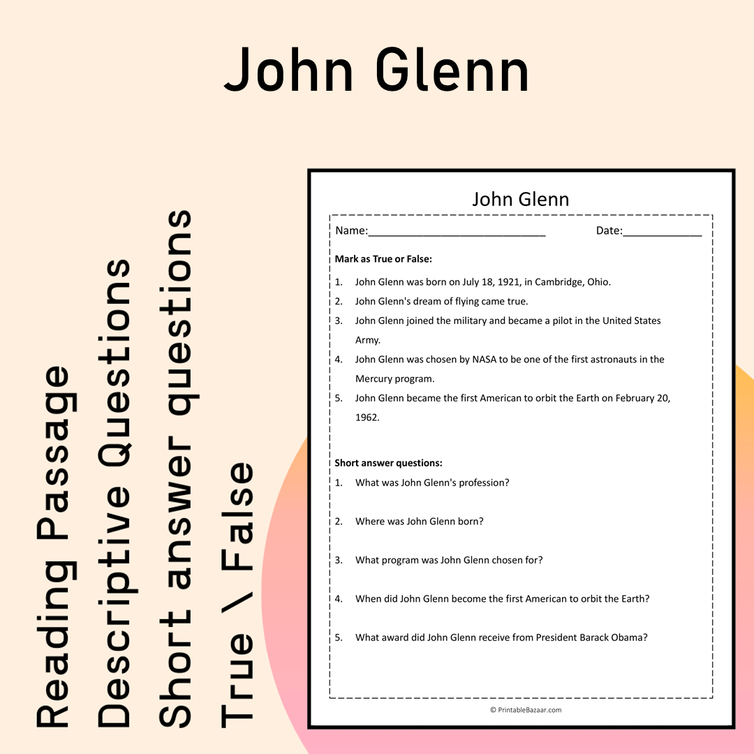 John Glenn | Reading Comprehension Passage Printable Activity