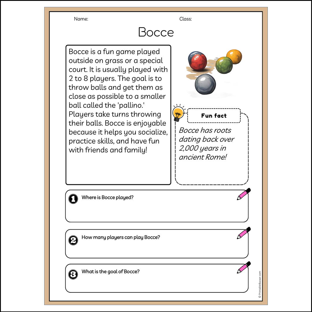 Bocce | Reading Passage Comprehension Questions Writing Facts Worksheet