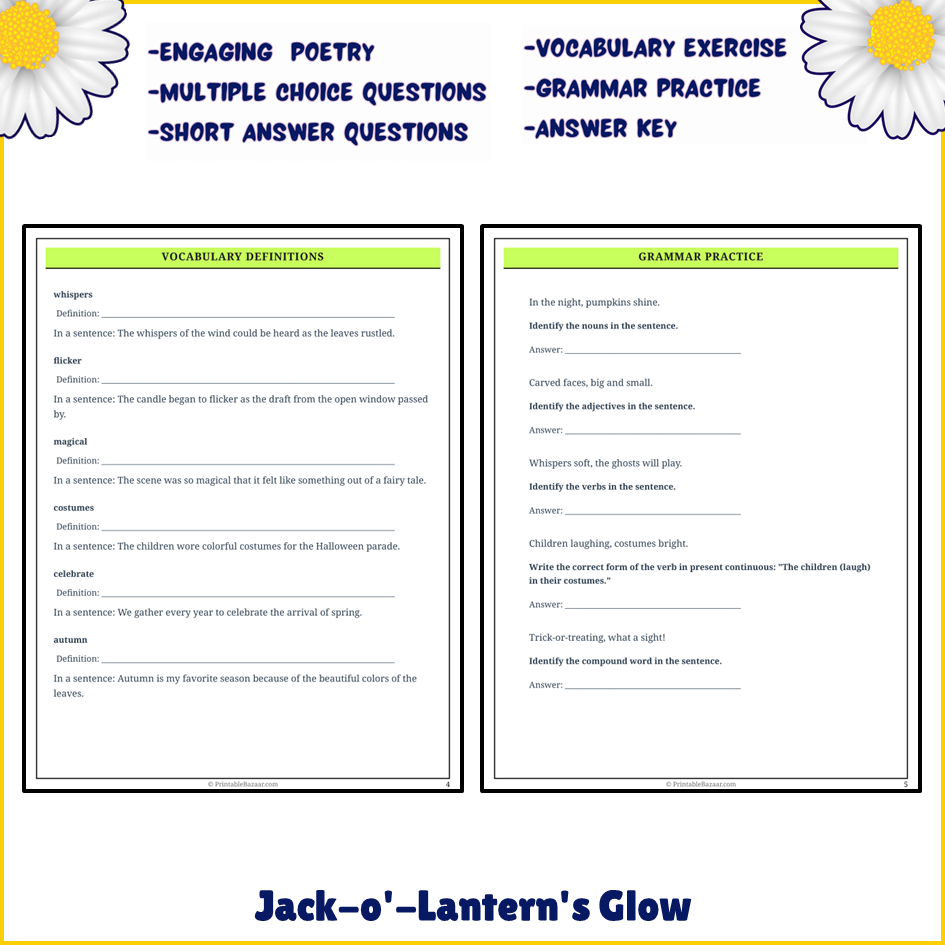 Jack-o'-Lantern's Glow | Poem Grammar Worksheet Printable Activity