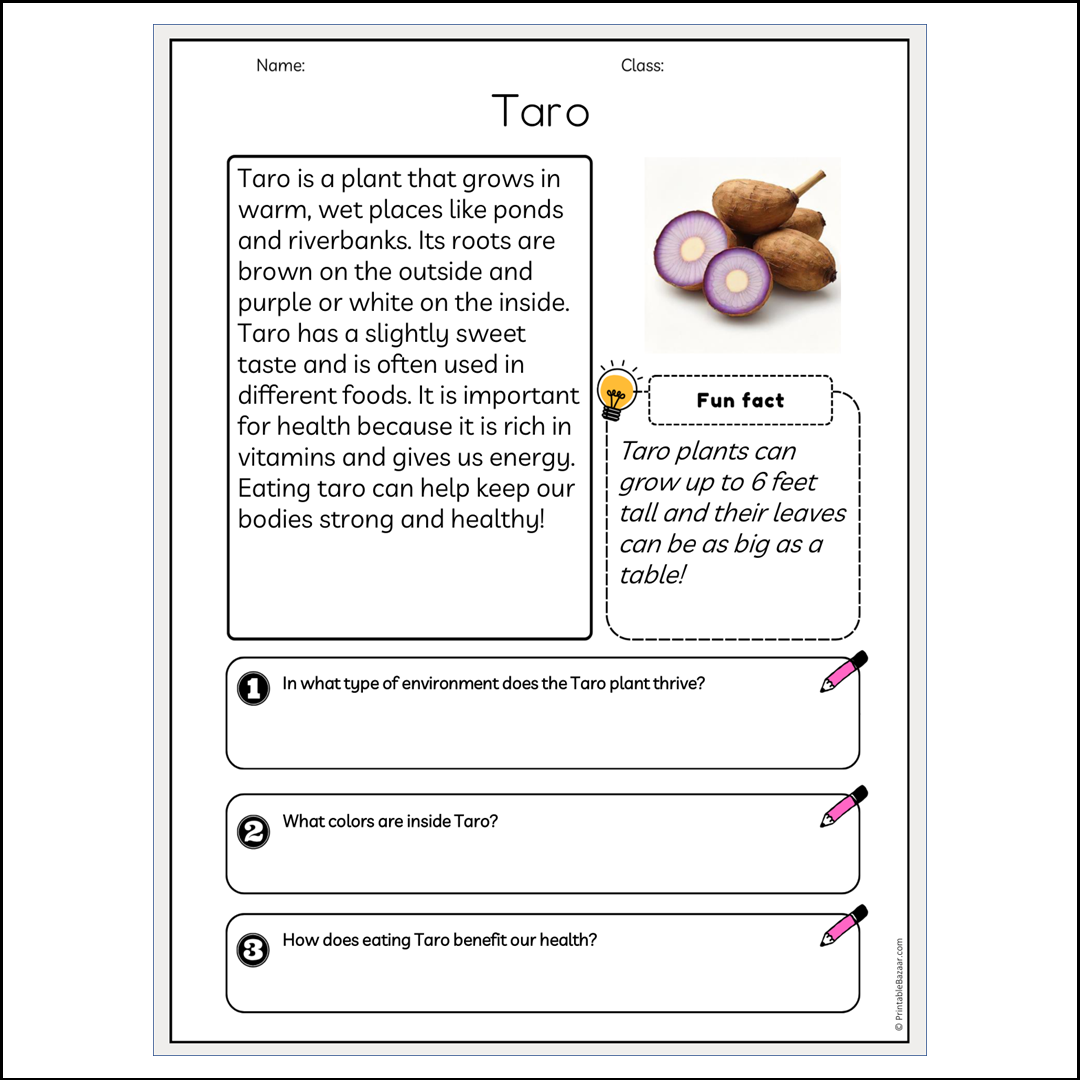 Taro | Reading Passage Comprehension Questions Writing Facts Worksheet