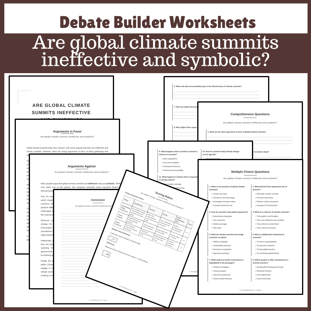 Are global climate summits ineffective and symbolic? | Favour and Against Worksheet Printable Activity