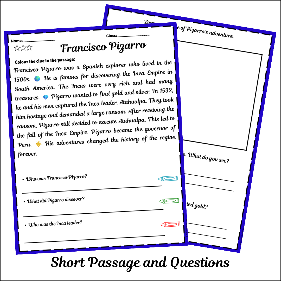 Francisco Pizarro | Short Reading Comprehension Creative Worksheet