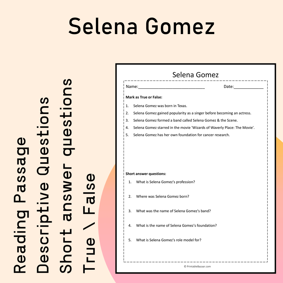 Selena Gomez | Reading Comprehension Passage Printable Activity