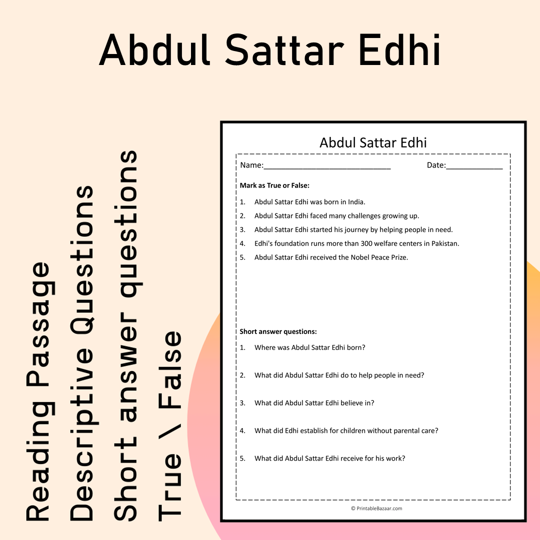 Abdul Sattar Edhi | Reading Comprehension Passage Printable Activity