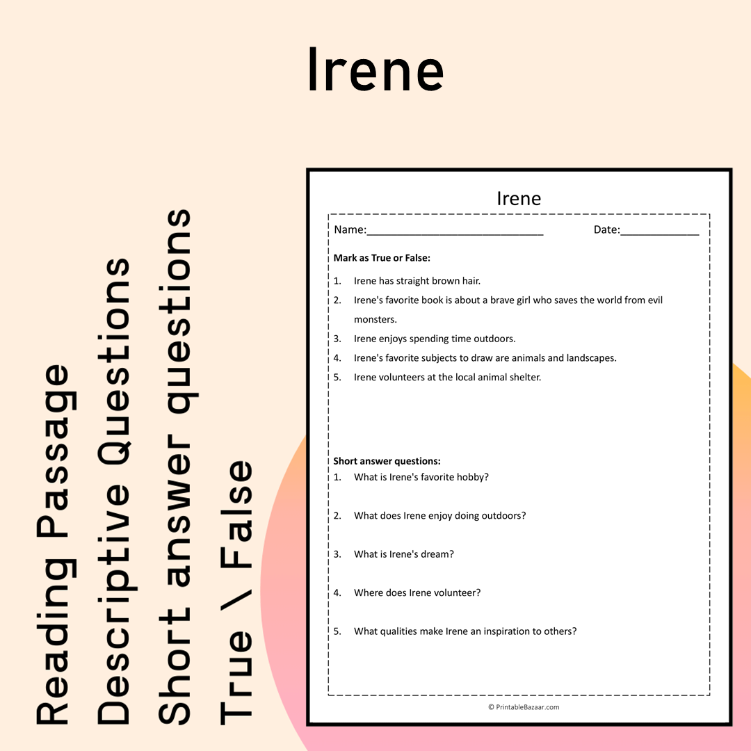Irene | Reading Comprehension Passage Printable Activity