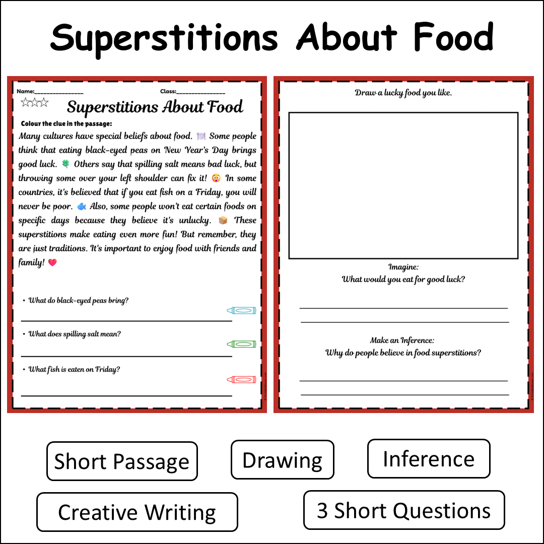 Superstitions About Food | Short Reading Comprehension Creative Worksheet