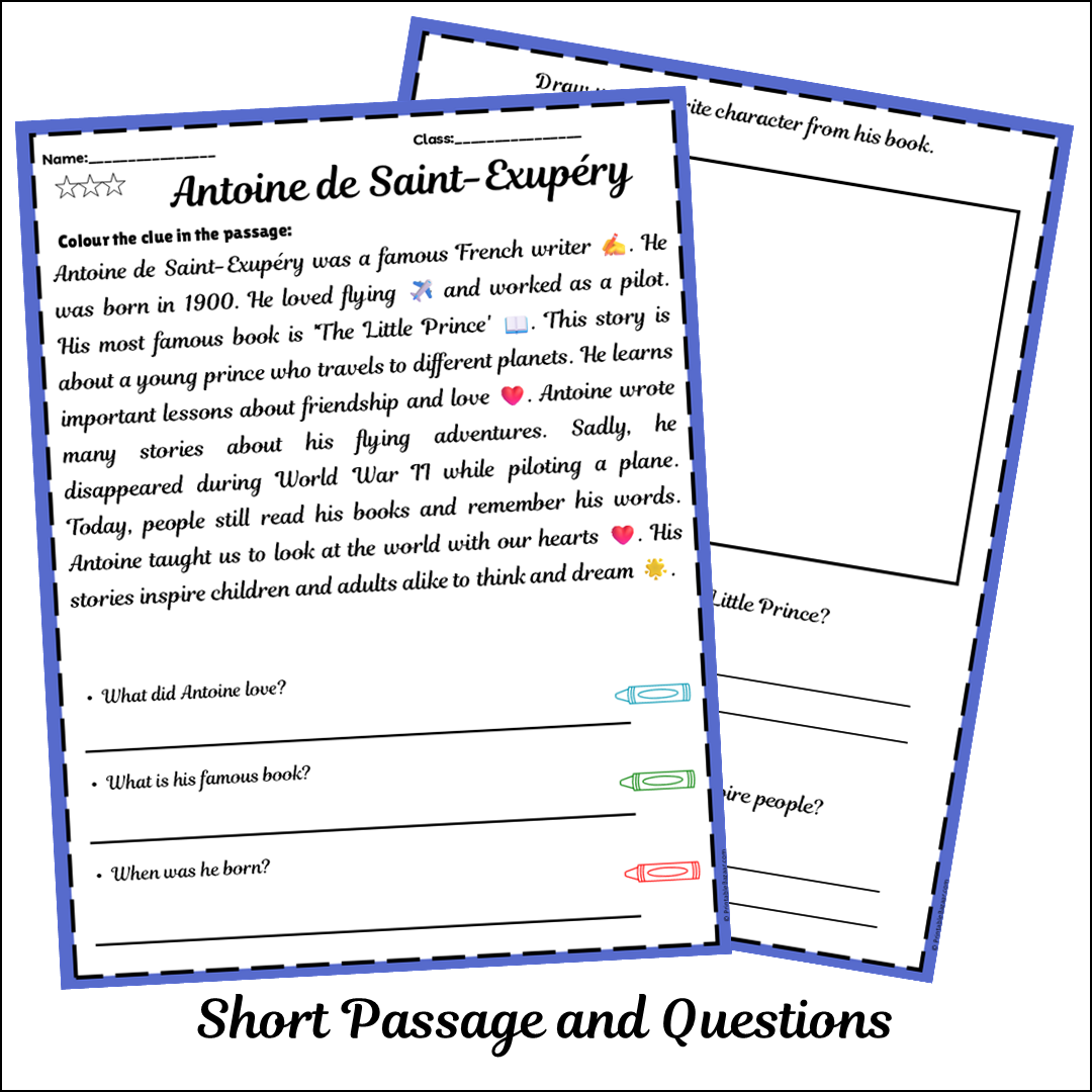 Antoine de Saint-Exupéry | Short Reading Comprehension Creative Worksheet