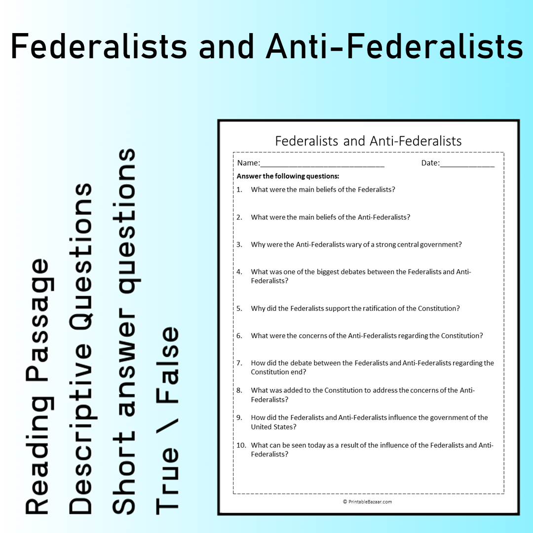 Federalists and Anti-Federalists | Reading Comprehension Passage Printable Worksheet