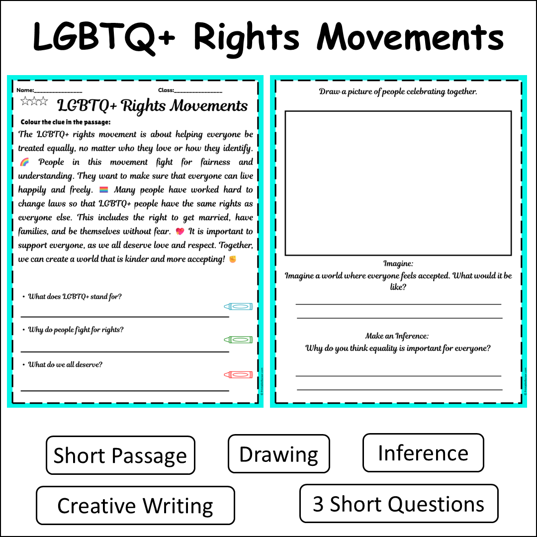 LGBTQ+ Rights Movements | Short Reading Comprehension Creative Worksheet
