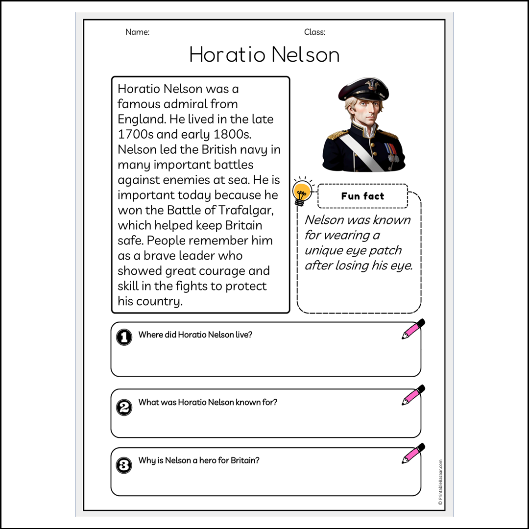 Horatio Nelson | Reading Passage Comprehension Questions Writing Facts Worksheet