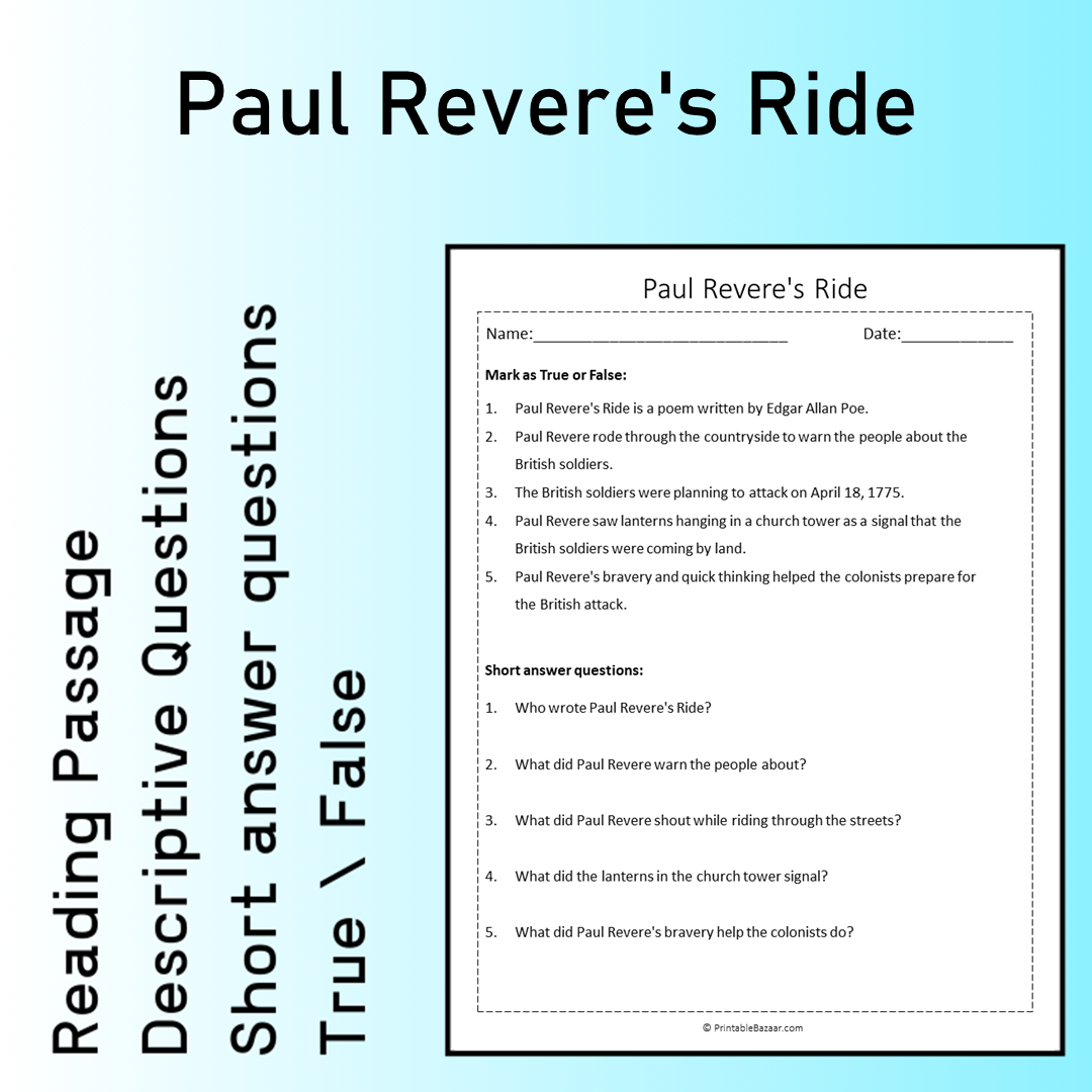 Paul Revere's Ride | Reading Comprehension Passage Printable Worksheet