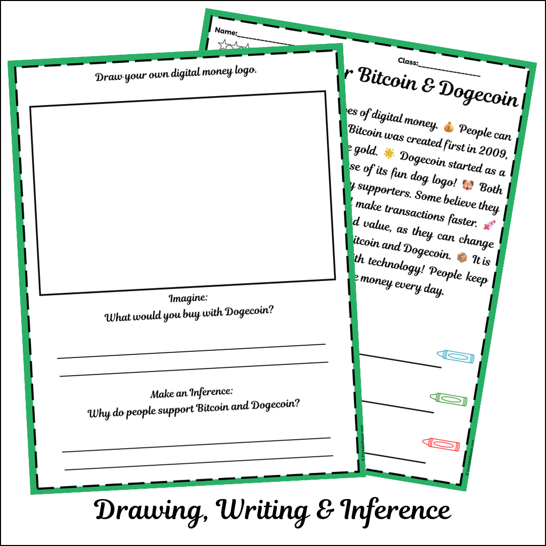 Support for Bitcoin & Dogecoin | Short Reading Comprehension Creative Worksheet