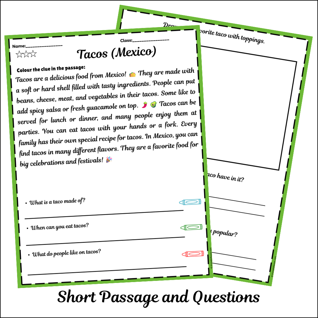 Tacos (Mexico) | Short Reading Comprehension Creative Worksheet