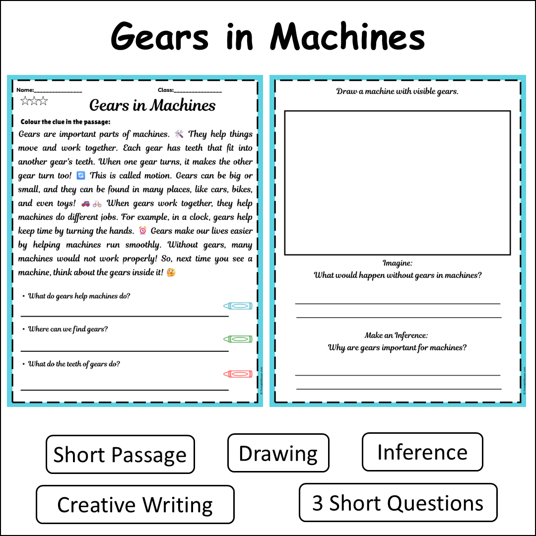 Gears in Machines | Short Reading Comprehension Creative Worksheet