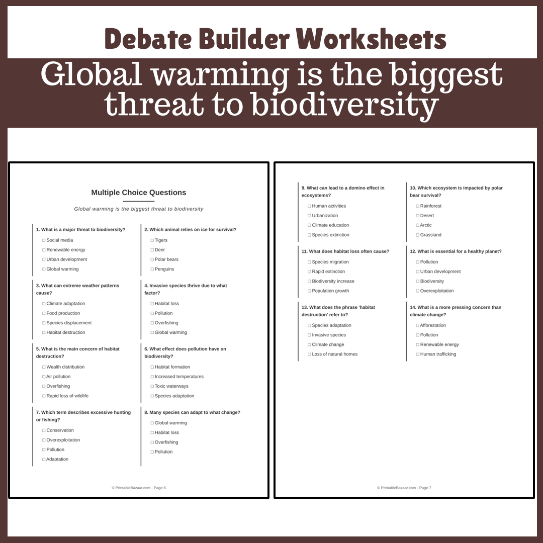 Global warming is the biggest threat to biodiversity | Favour and Against Worksheet Printable Activity