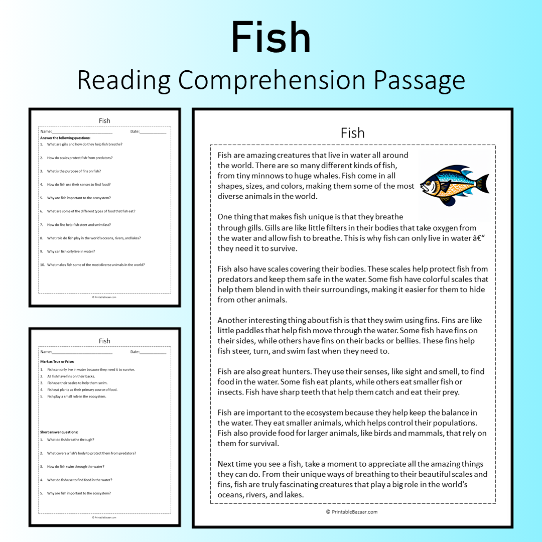 Fish | Reading Comprehension Passage Printable Worksheet