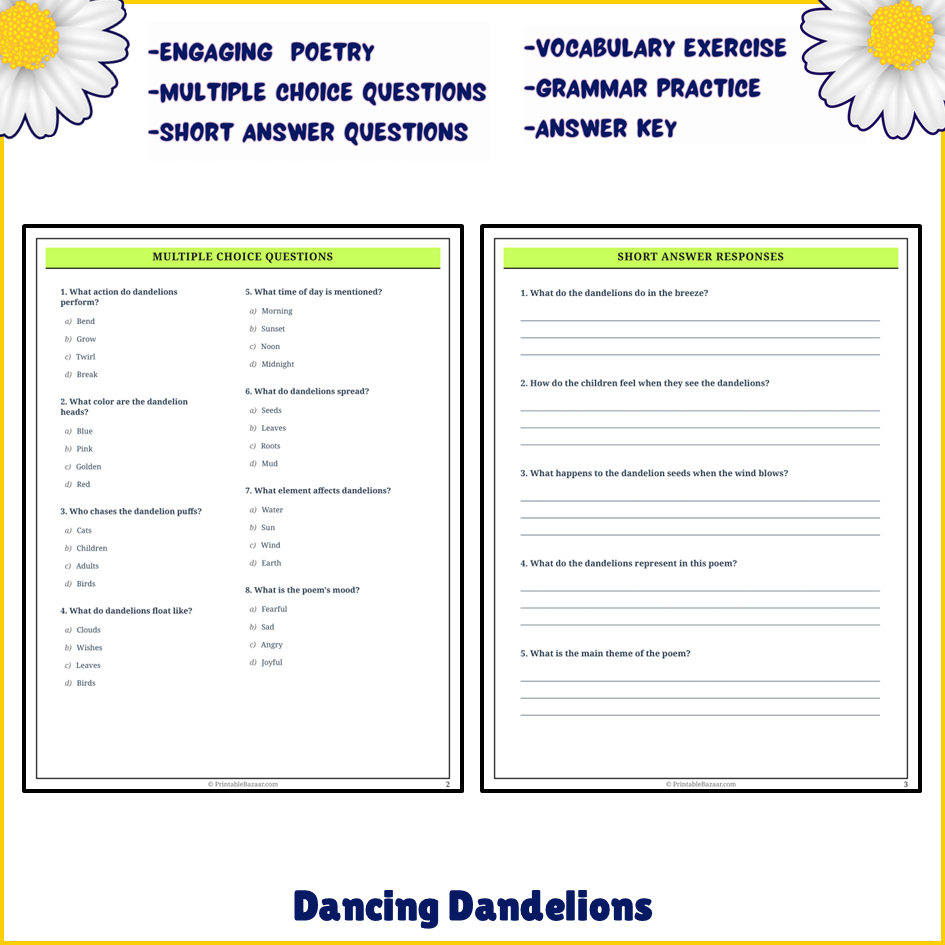 Dancing Dandelions | Poem Grammar Worksheet Printable Activity