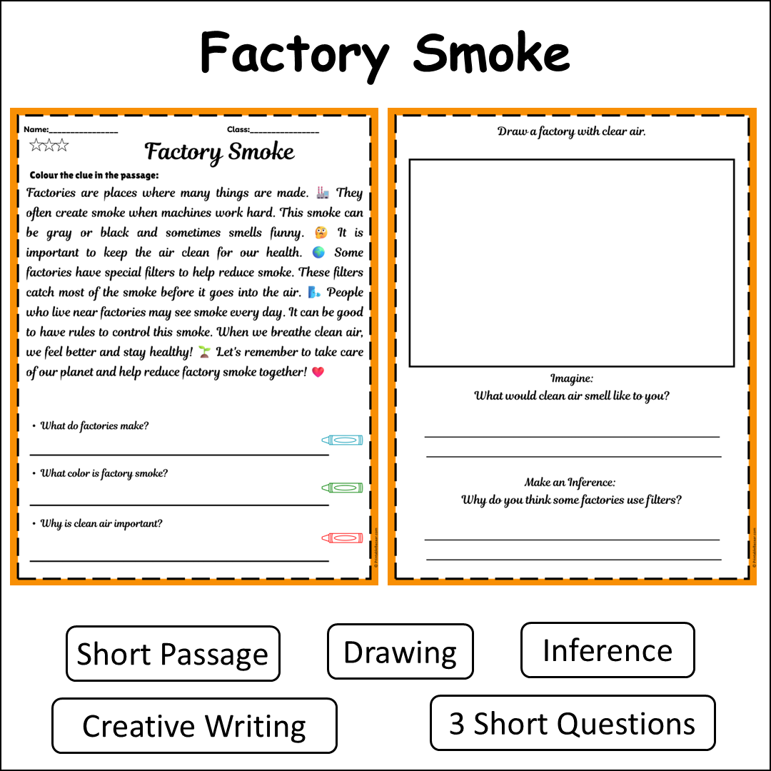 Factory Smoke | Short Reading Comprehension Creative Worksheet