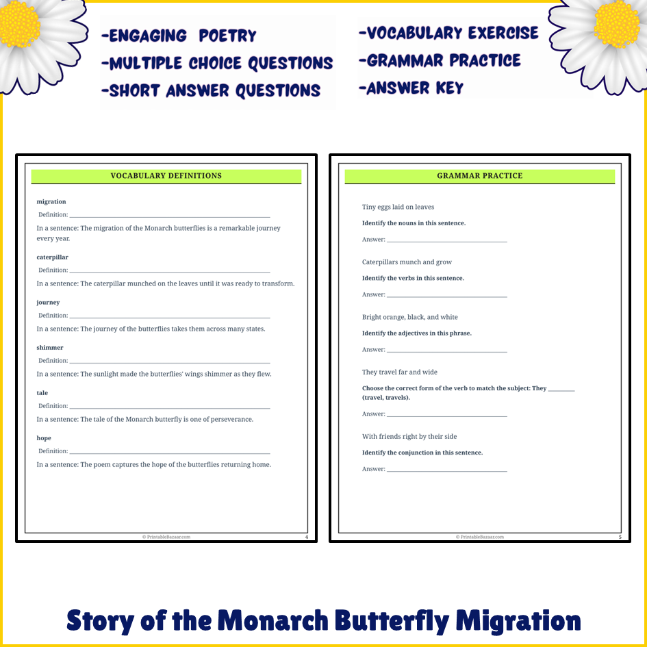 Story of the Monarch Butterfly Migration | Poem Grammar Worksheet Printable Activity