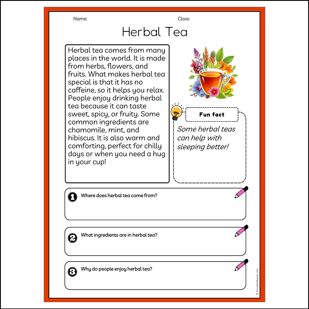 Herbal Tea | Reading Passage Comprehension Questions Writing Facts Worksheet