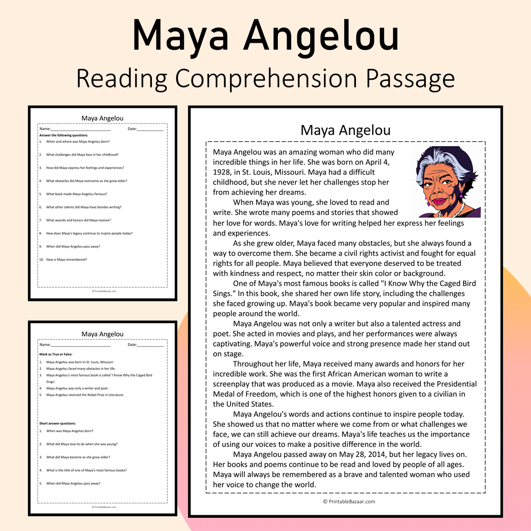 Maya Angelou | Reading Comprehension Passage Printable Activity