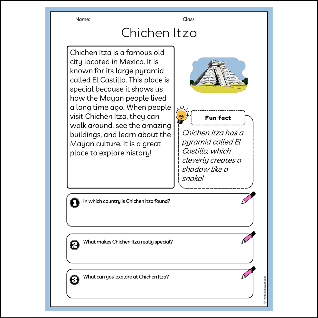 Chichen Itza | Reading Passage Comprehension Questions Writing Facts Worksheet