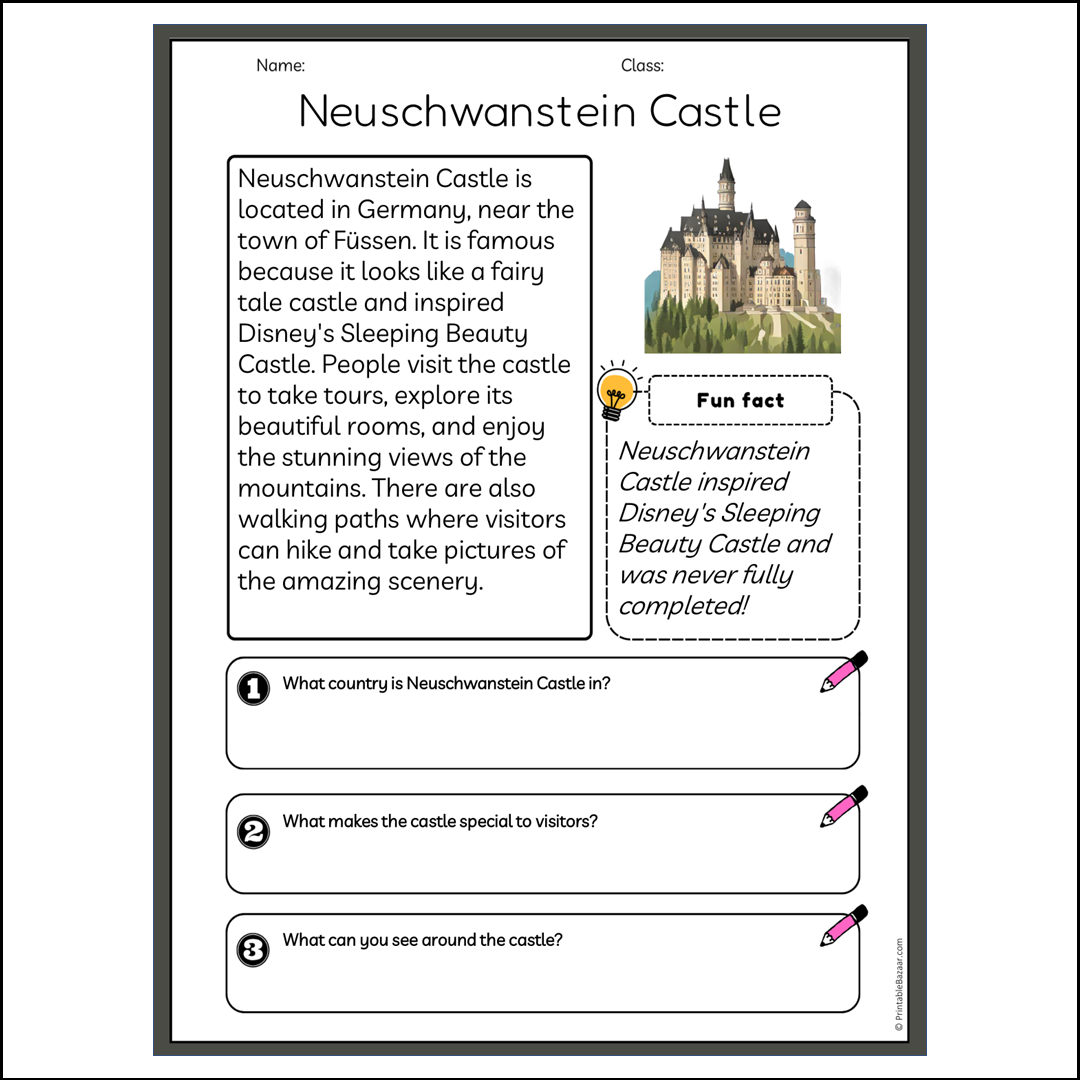 Neuschwanstein Castle | Reading Passage Comprehension Questions Writing Facts Worksheet