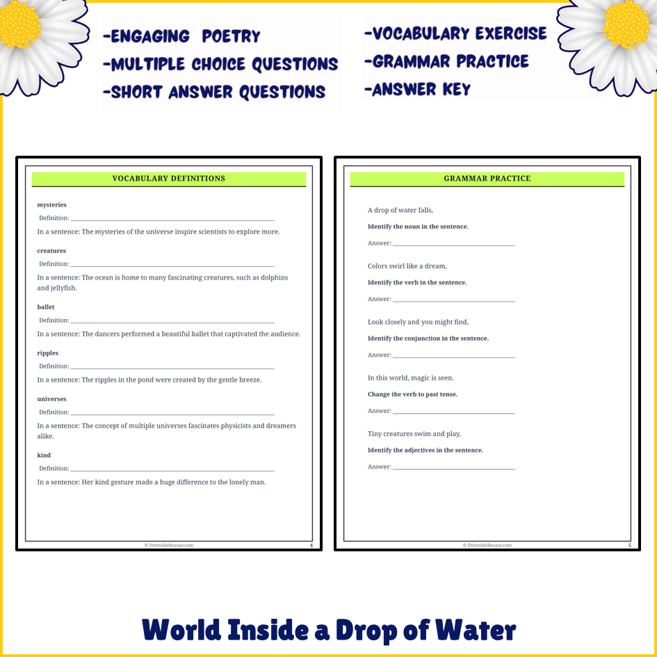 World Inside a Drop of Water | Poem Grammar Worksheet Printable Activity