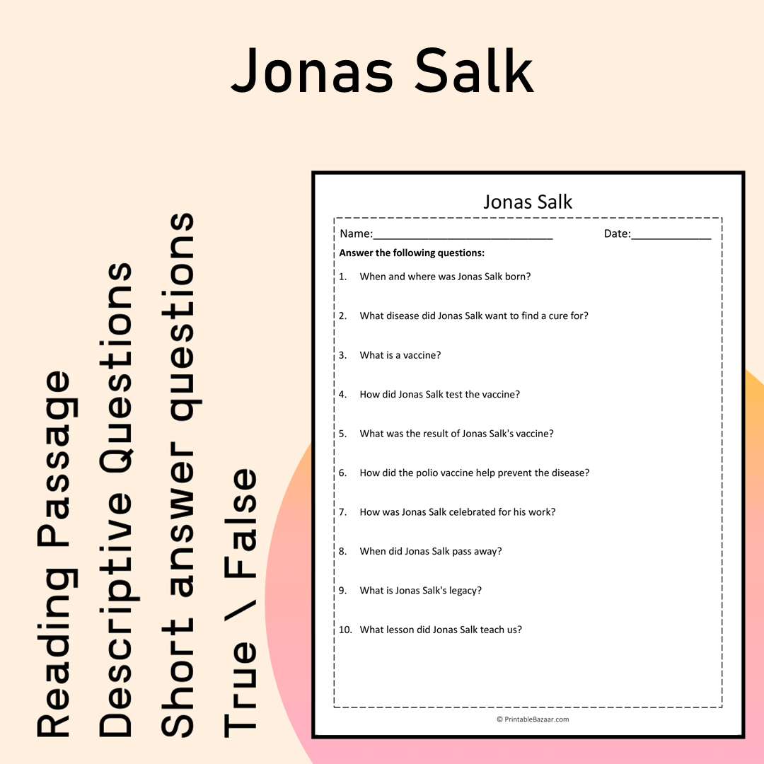 Jonas Salk | Reading Comprehension Passage Printable Activity