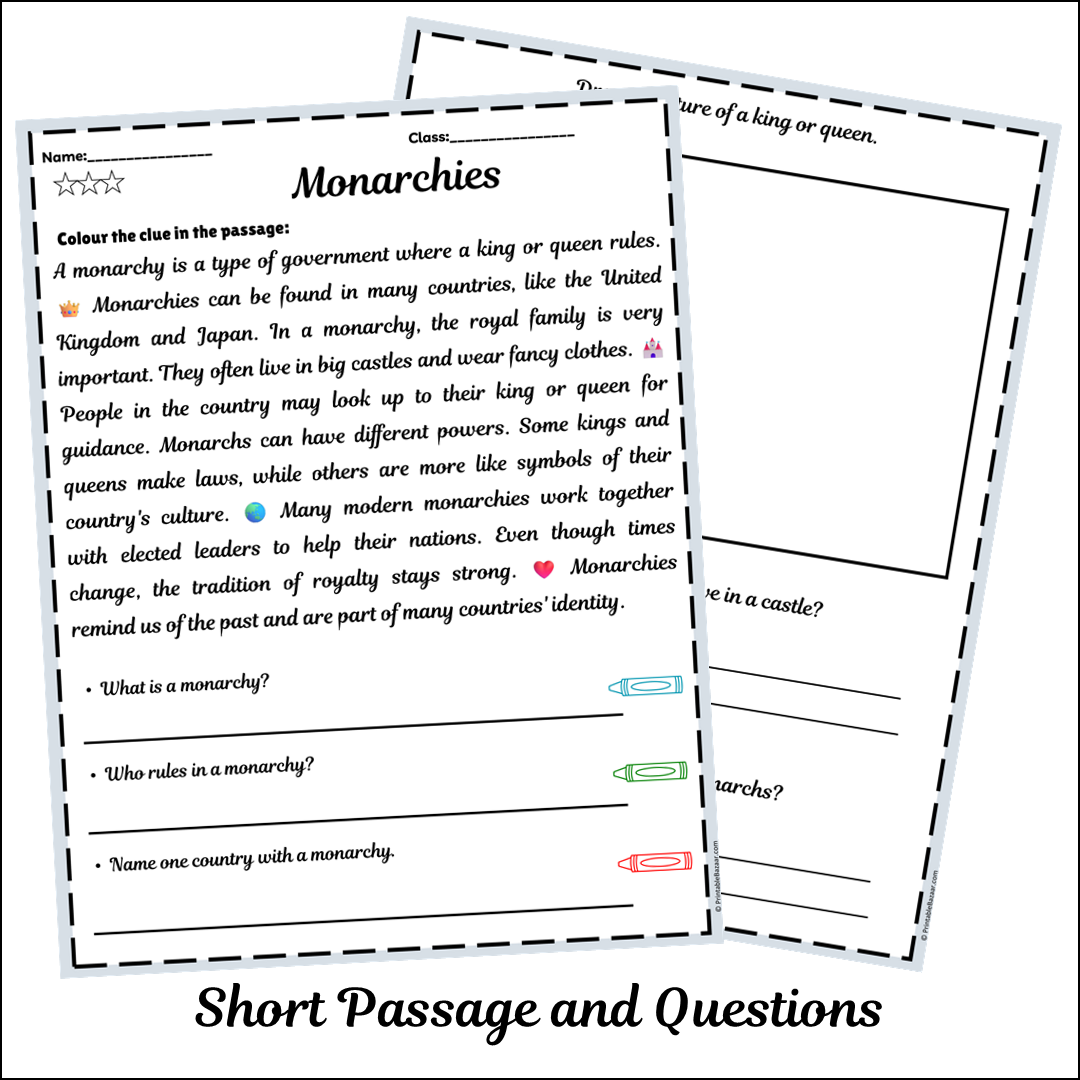 Monarchies | Short Reading Comprehension Creative Worksheet