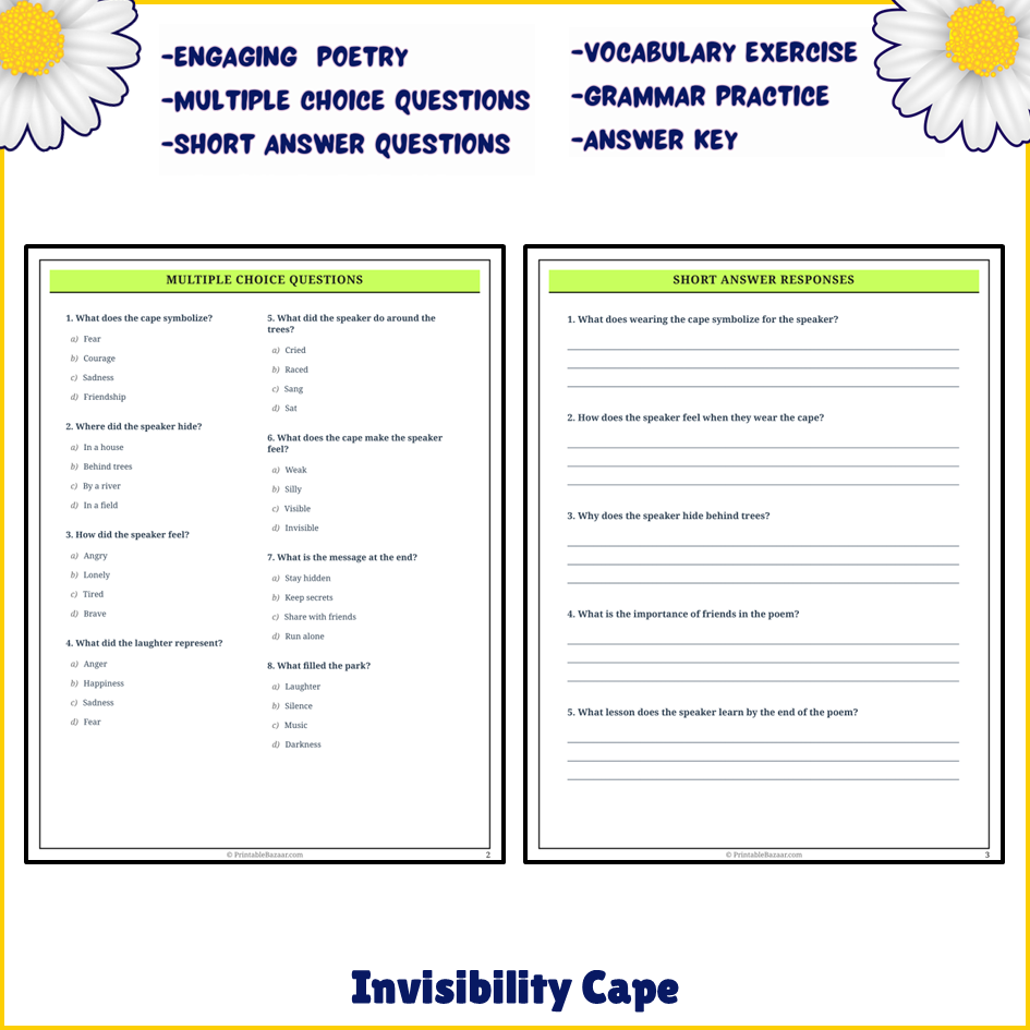 Invisibility Cape | Poem Grammar Worksheet Printable Activity