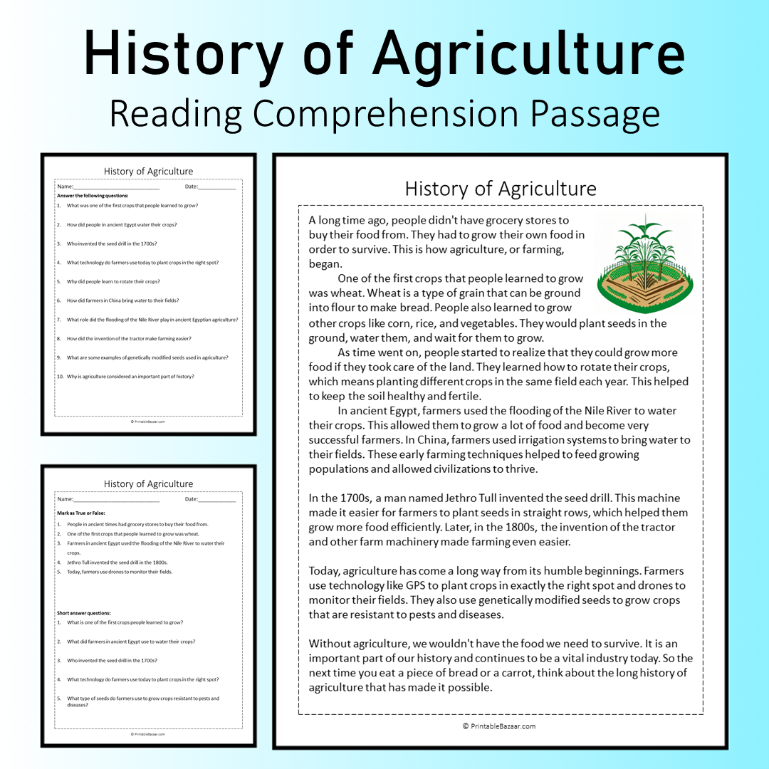 History of Agriculture | Reading Comprehension Passage Printable Worksheet