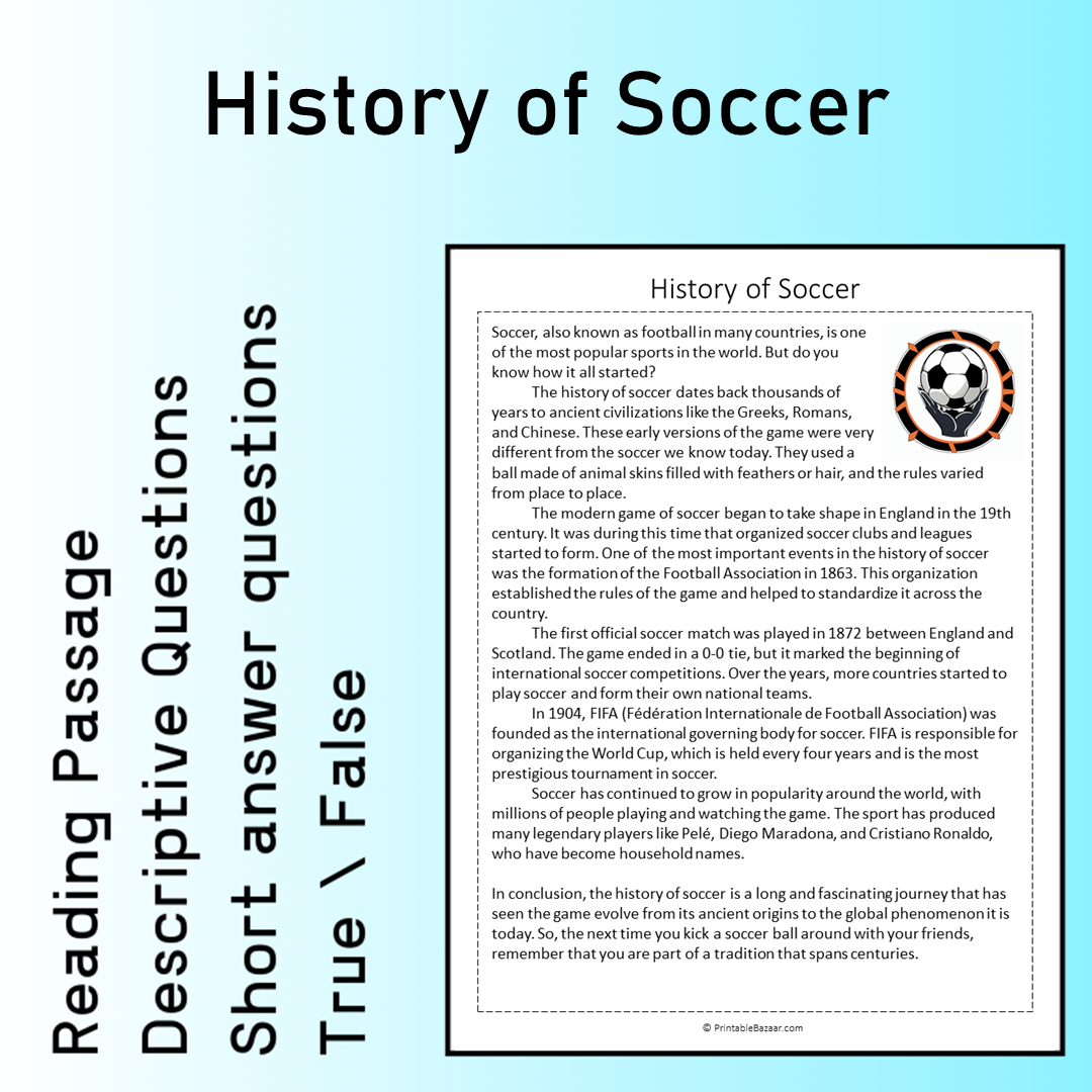 History of Soccer | Reading Comprehension Passage Printable Worksheet