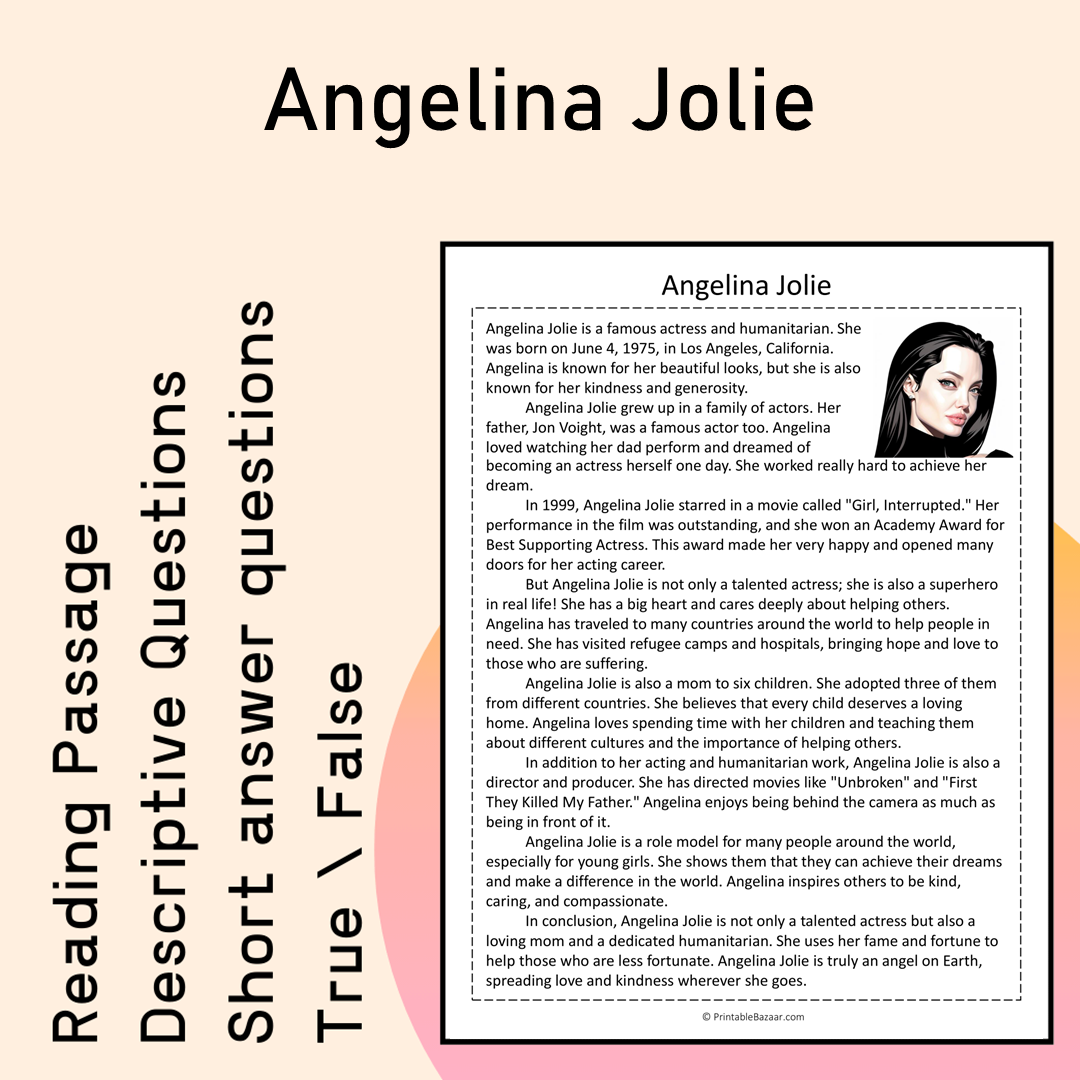 Angelina Jolie | Reading Comprehension Passage Printable Activity