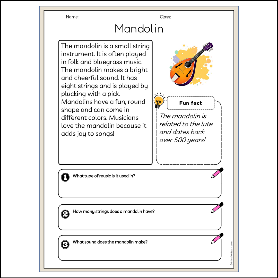 Mandolin | Reading Passage Comprehension Questions Writing Facts Worksheet