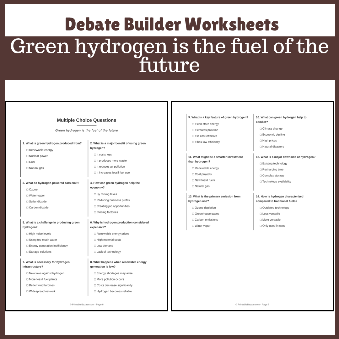 Green hydrogen is the fuel of the future | Favour and Against Worksheet Printable Activity