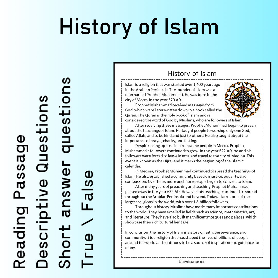 History of Islam | Reading Comprehension Passage Printable Worksheet