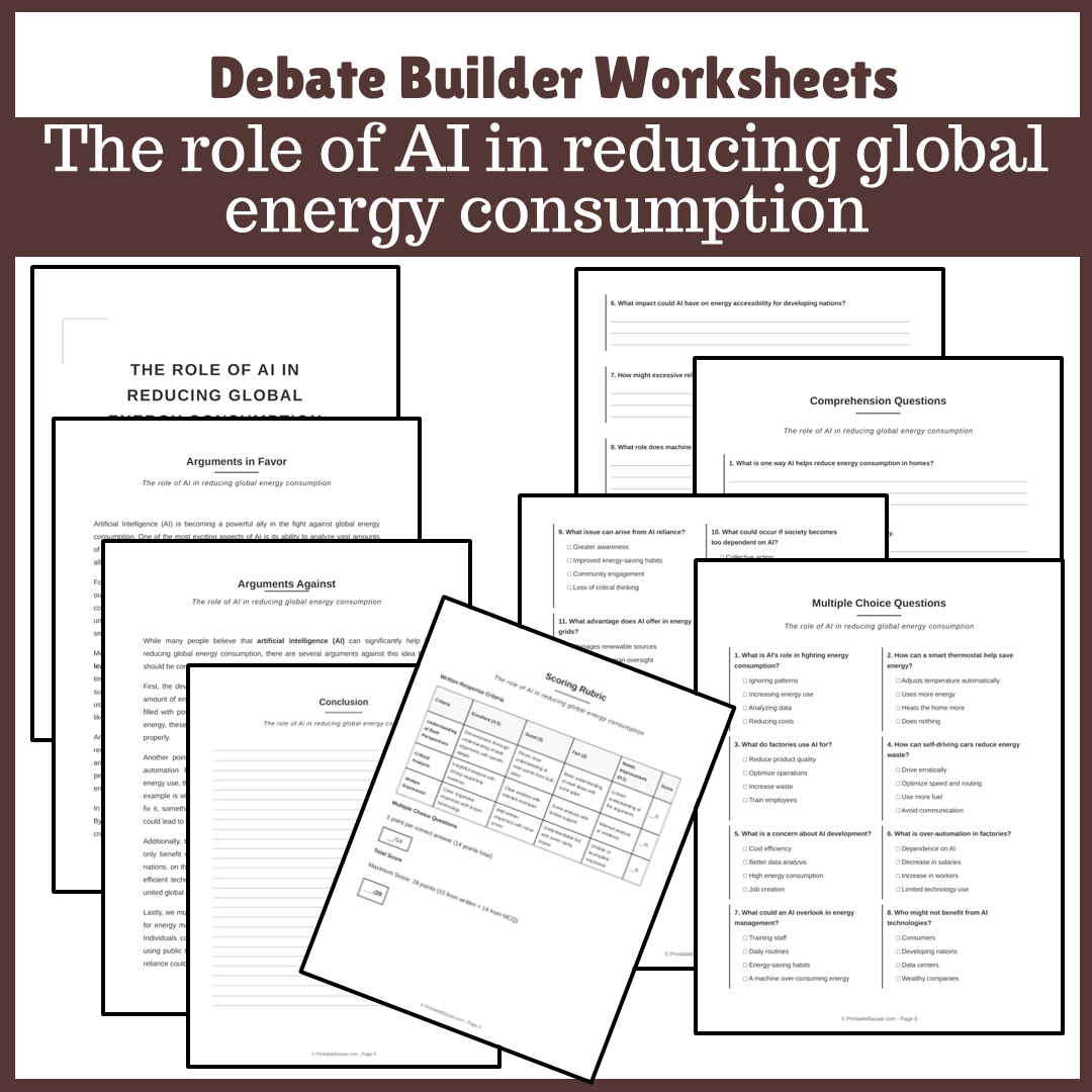 The role of AI in reducing global energy consumption | Favour and Against Worksheet Printable Activity