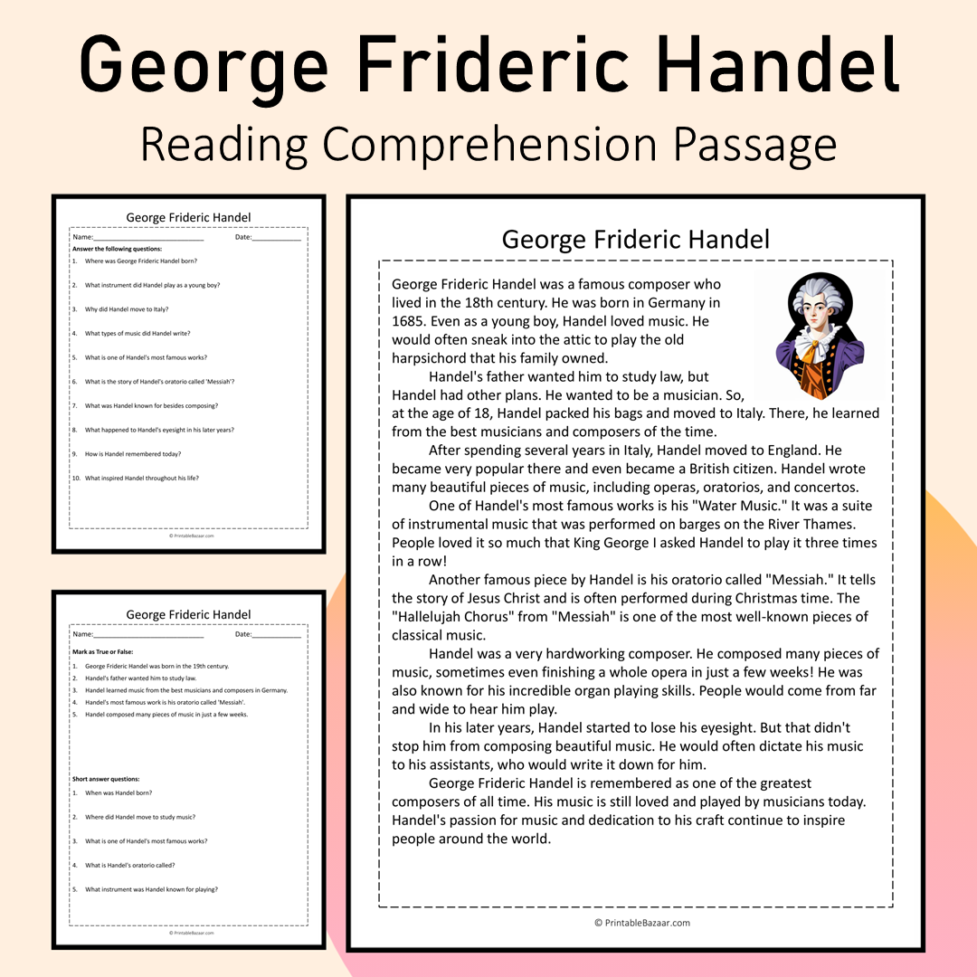 George Frideric Handel | Reading Comprehension Passage Printable Activity