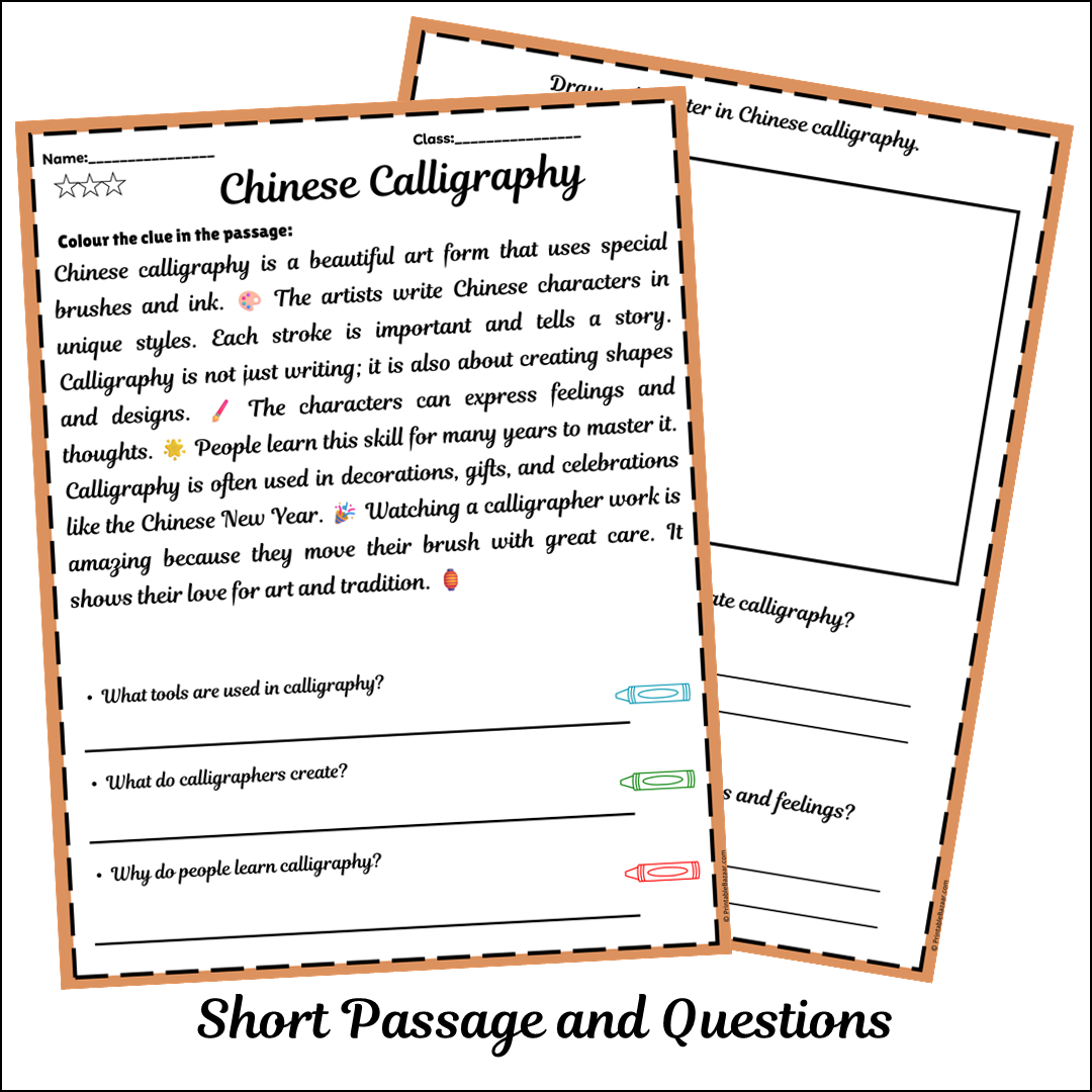 Chinese Calligraphy | Short Reading Comprehension Creative Worksheet