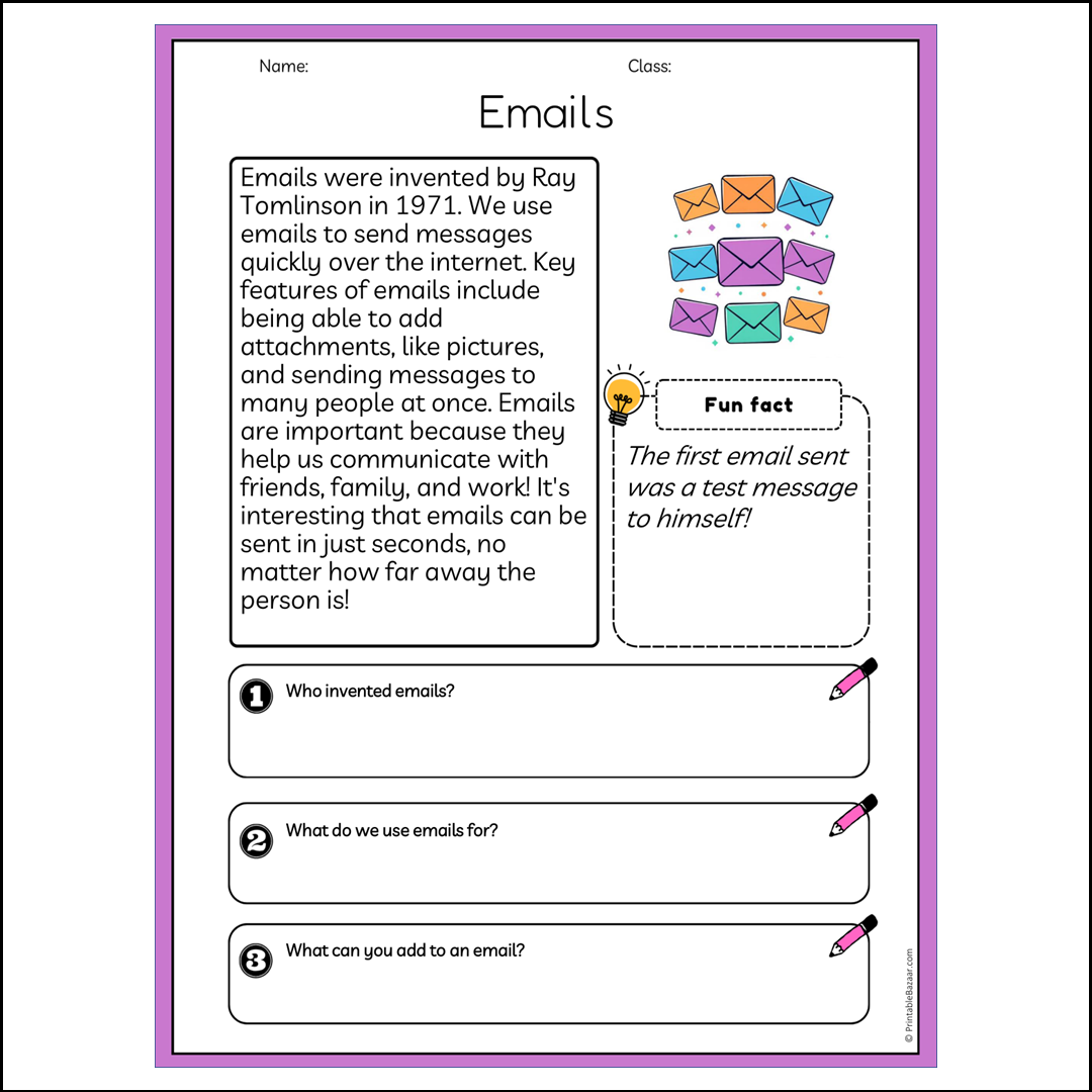 Emails | Reading Passage Comprehension Questions Writing Facts Worksheet