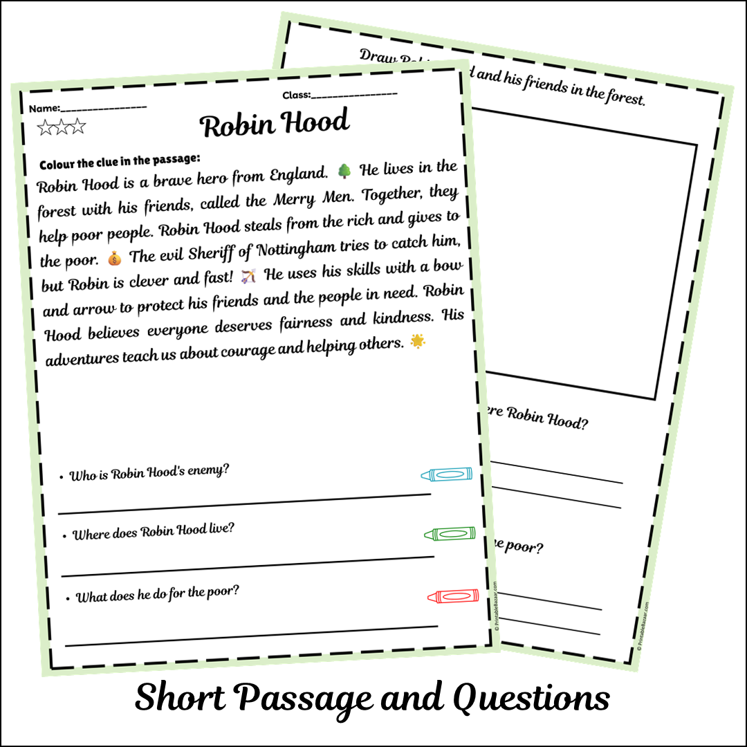 Robin Hood | Short Reading Comprehension Creative Worksheet