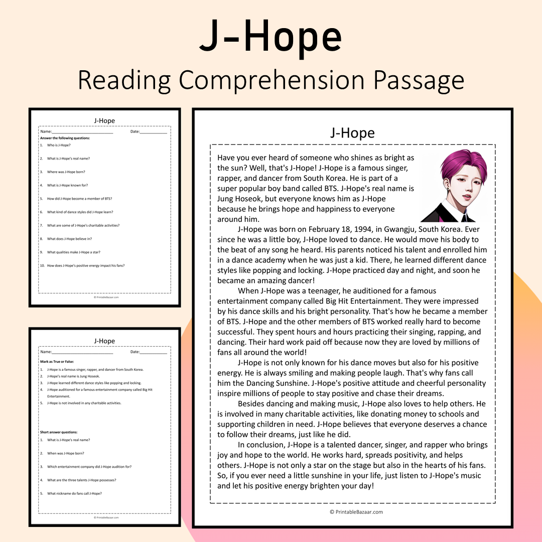 J-Hope | Reading Comprehension Passage Printable Activity