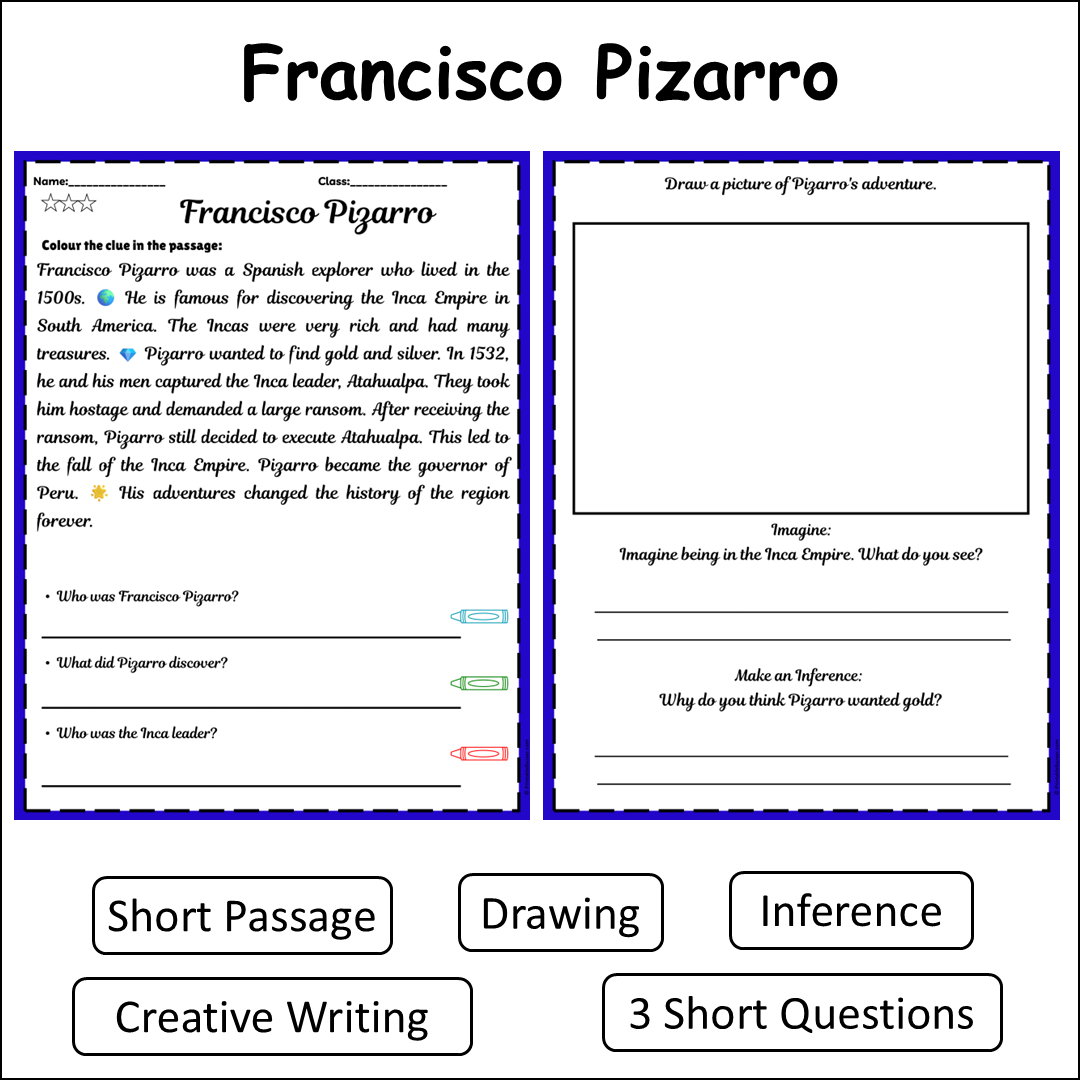 Francisco Pizarro | Short Reading Comprehension Creative Worksheet