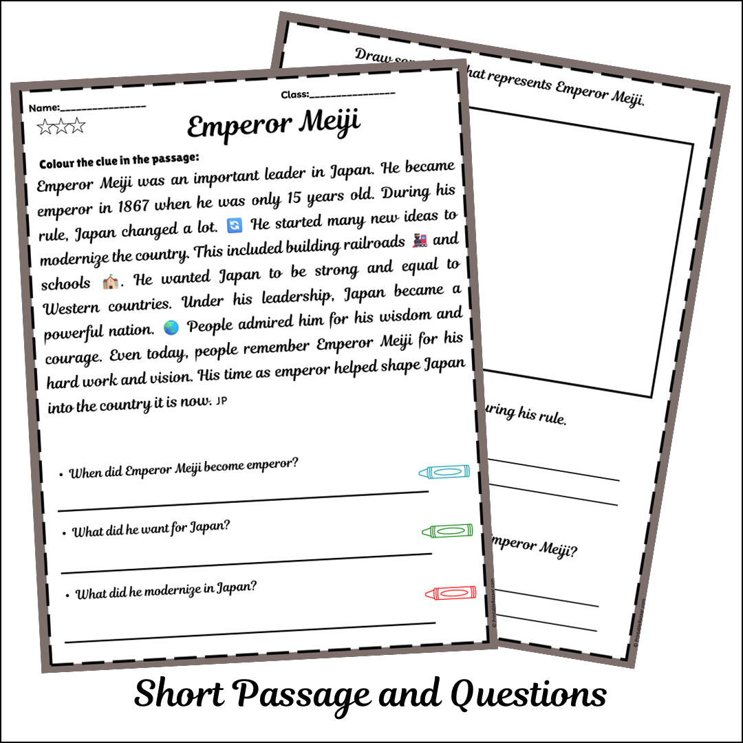Emperor Meiji | Short Reading Comprehension Creative Worksheet