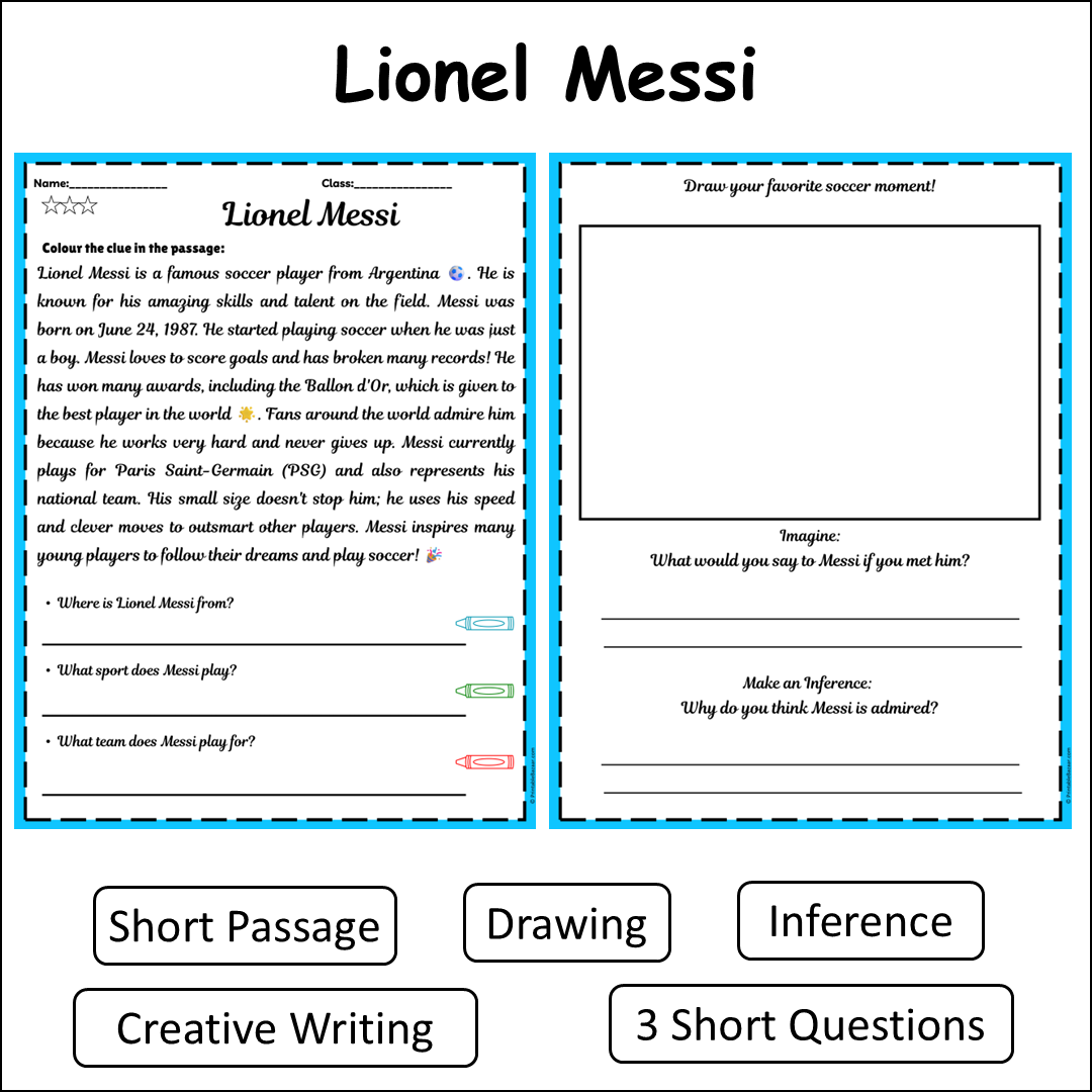 Lionel Messi | Short Reading Comprehension Creative Worksheet