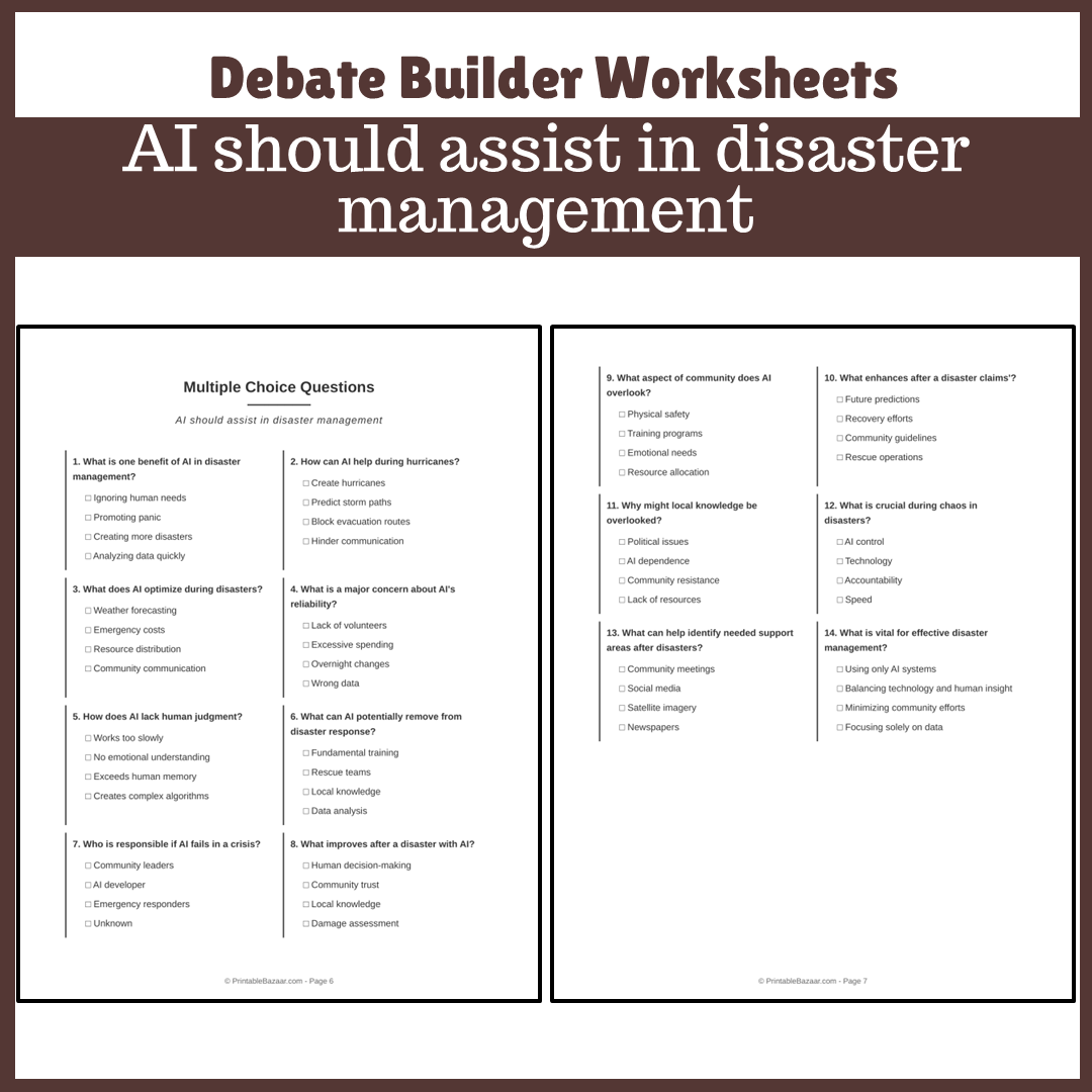 AI should assist in disaster management | Favour and Against Worksheet Printable Activity