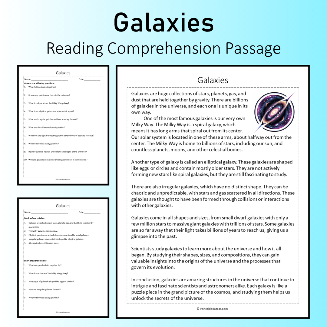Galaxies | Reading Comprehension Passage Printable Worksheet