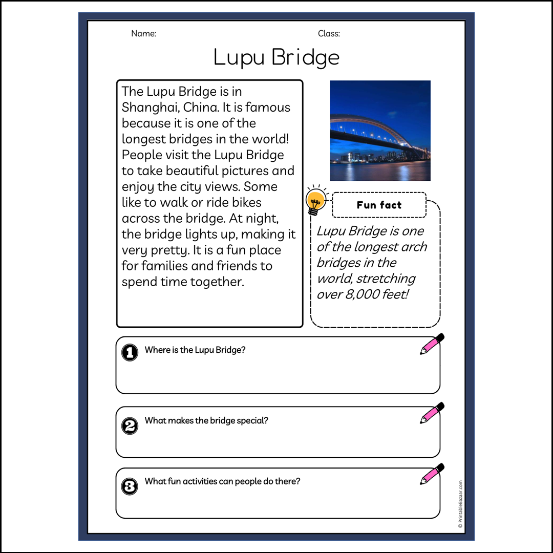 Lupu Bridge | Reading Passage Comprehension Questions Writing Facts Worksheet